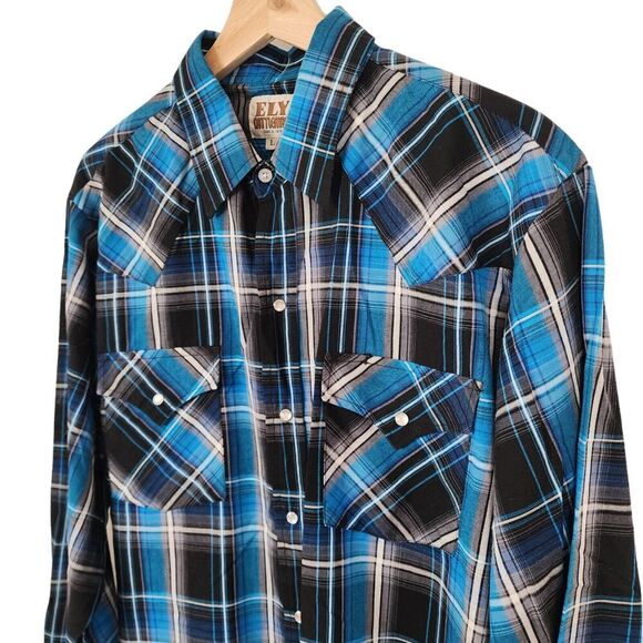 Vintage Ely Cattleman Button Down Shirt Adult Large Pearl Snap Blue Plaid Men’s - Picture 2 of 6